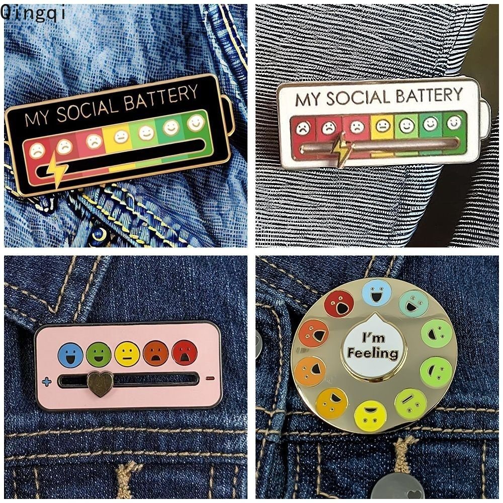 Kreatif Suasana Sosial Baterai Enamel Pin My Social Mood Bros Lencana Pin Lucu Interaktif Perhiasan Hadiah