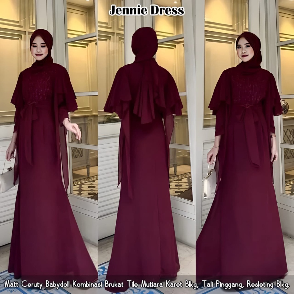 Jennie Set Muslim Wanita 2in1 Gamis Plus Pashmina Mix Brukat OOTD Gamis Maxy Lebaran Premium