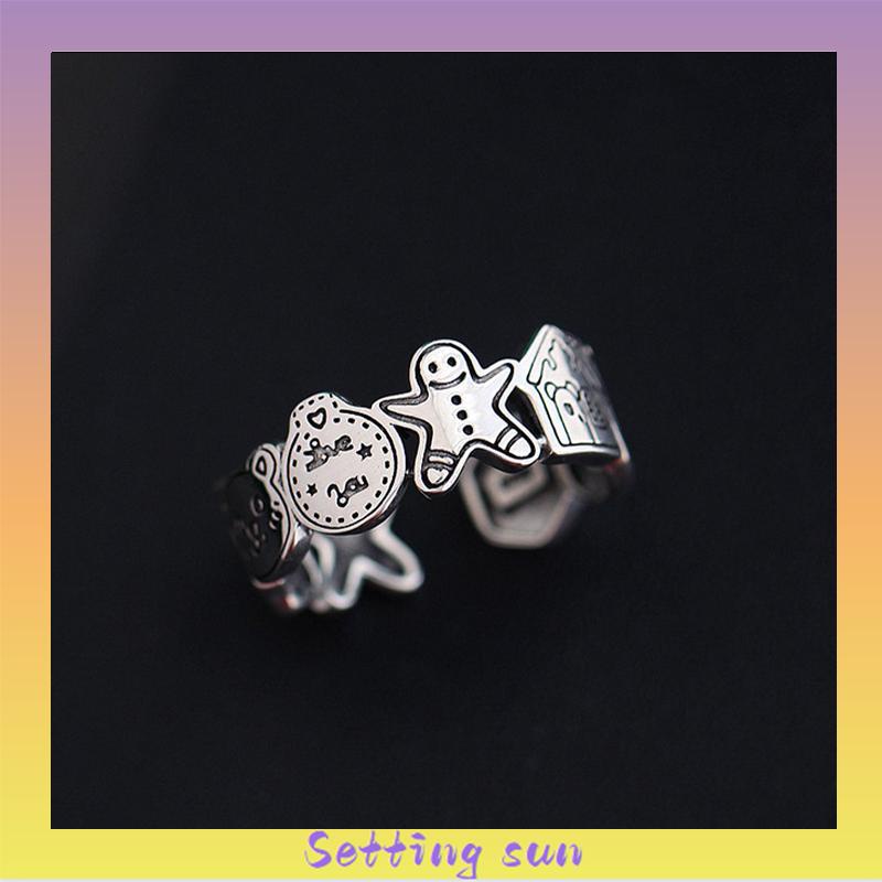 Grafiti Perak Gingerbread Man Cincin Terbuka Adjustable Ring Retro Korea Vintage Gaya Untuk Pria Dan Wanita TN