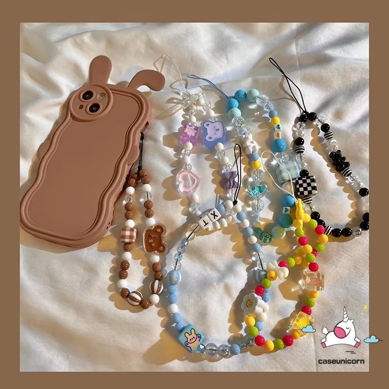 Ins Fashion Lucu Kartun Tali Tangan Universal Rantai Kelinci Beruang Smile Rantai Telepon Tali Strap Aksesoris Beragam Rantai Manik-Manik Gelang Kotak-Kotak Gantungan Kunci Lanyard