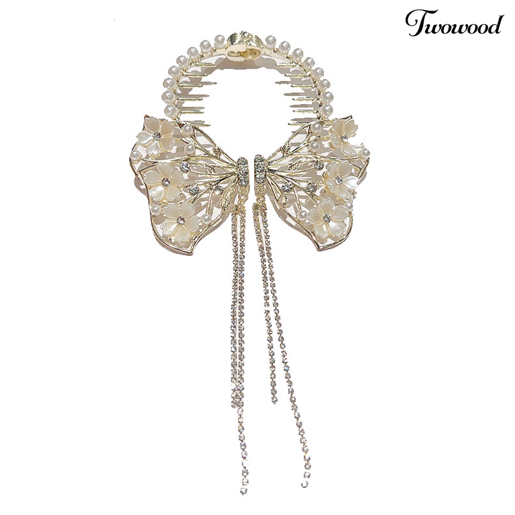 Twowood Faux Pearls Rhinestones Bunga Dekorasi Bakso Rambut Klip Rumbai Sisir Desain Besar Kupu-Kupu Dekorasi Ponytail Hairpin Aksesoris Rambut