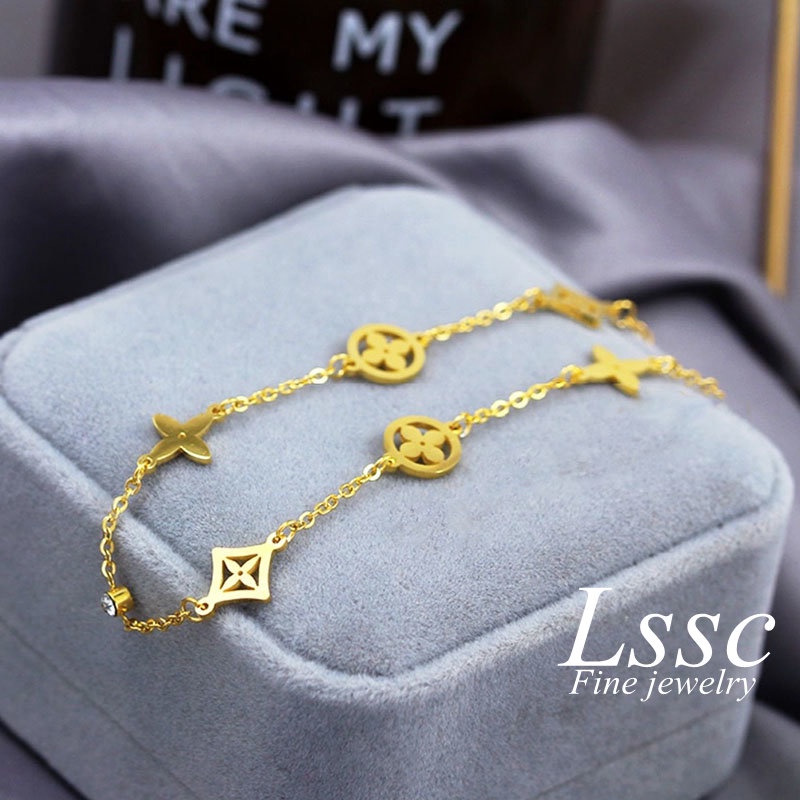 Gelang Titanium Wanita Anti Karat Bunga Berlian Emas 18K Cantik Aesthetic Korea Aksesoris Perhiasan