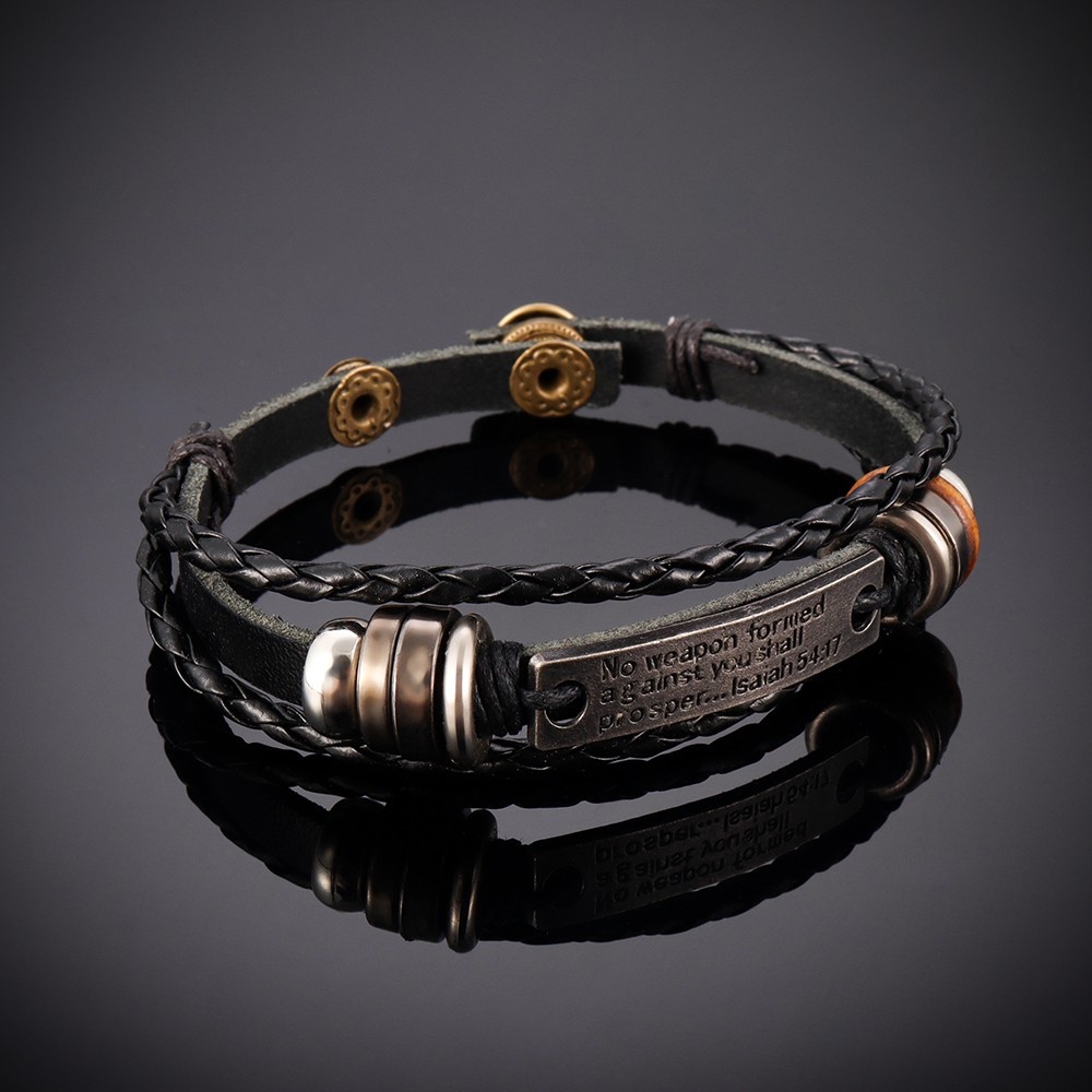 [X C Gelang] Baru Sederhana Huruf Elemen Gelang Kulit Hitam Vintage Hip Hop Punk Gelang Kulit Lengan Manik-Manik Multilayer Paduan Seng Tenun Gelang