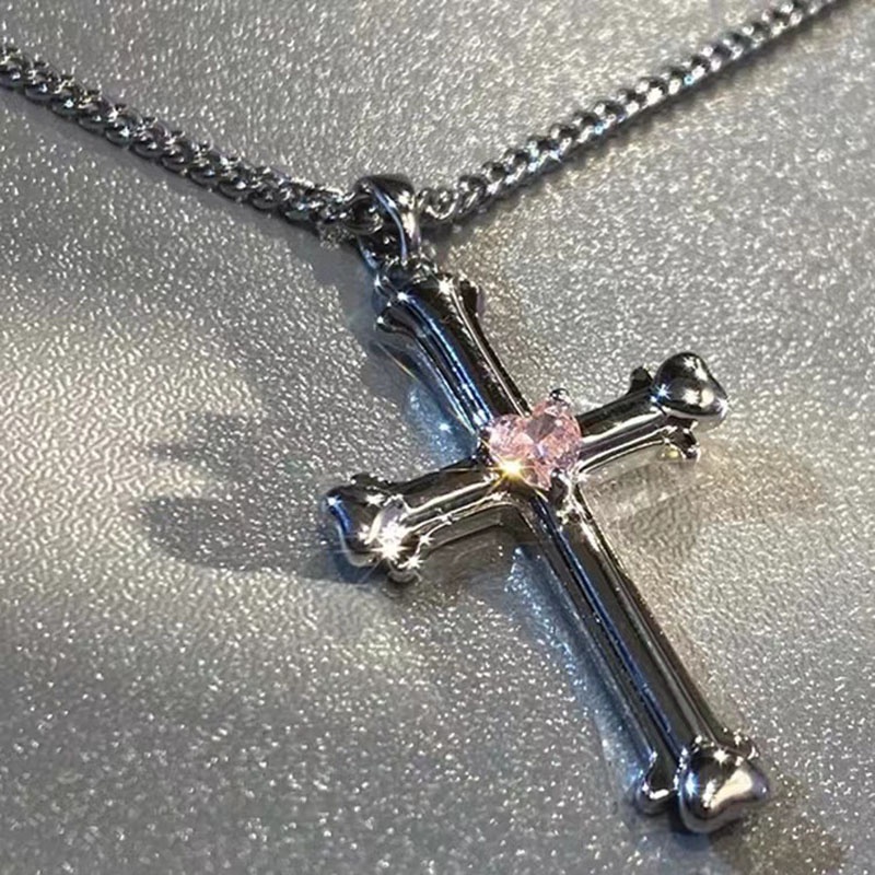 Kalung Geometris Salib Hati Bahan Alloy Berlian Imitasi Fashion Untuk Wanita