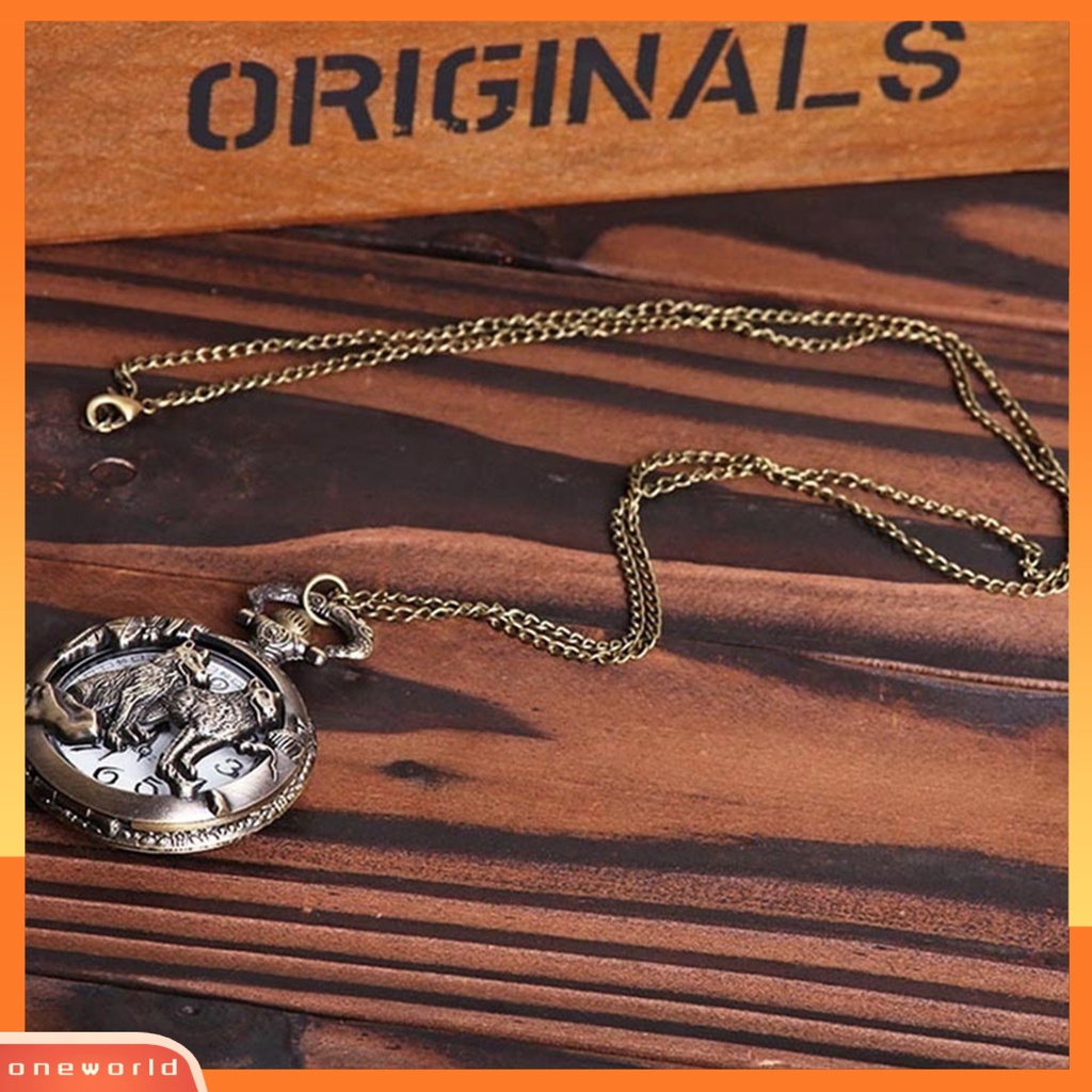 [WOD] Retro Vintage Berongga Serigala Bunga Ukir Liontin Kalung Kuarsa Saku Menonton