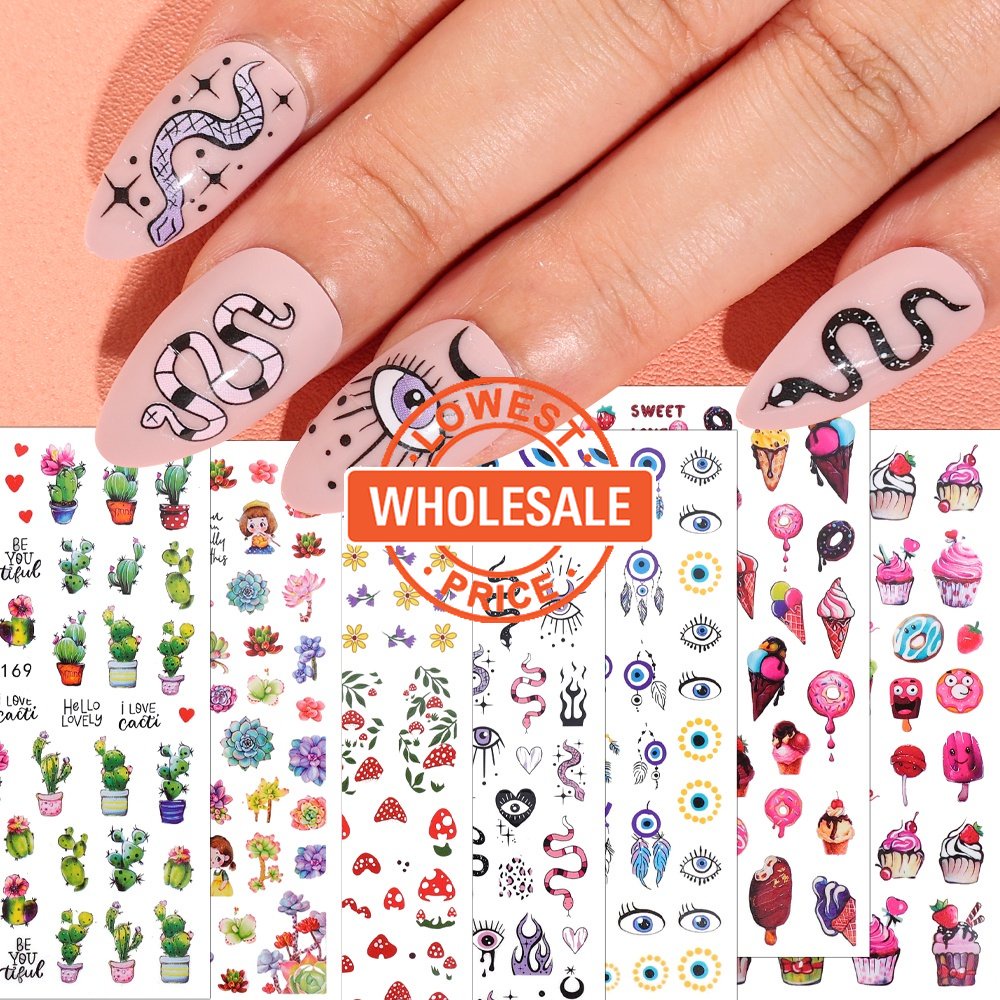 [Harga Grosir] 1pc Perekat Diri 3D Tanaman Kuku Decals Ins Musim Semi Musim Panas Kaktus Serangga Kuku Stiker Warna-Warni Es Krim Manicure Decor DIY Nail Art Aksesoris Kuku Alat Kuku