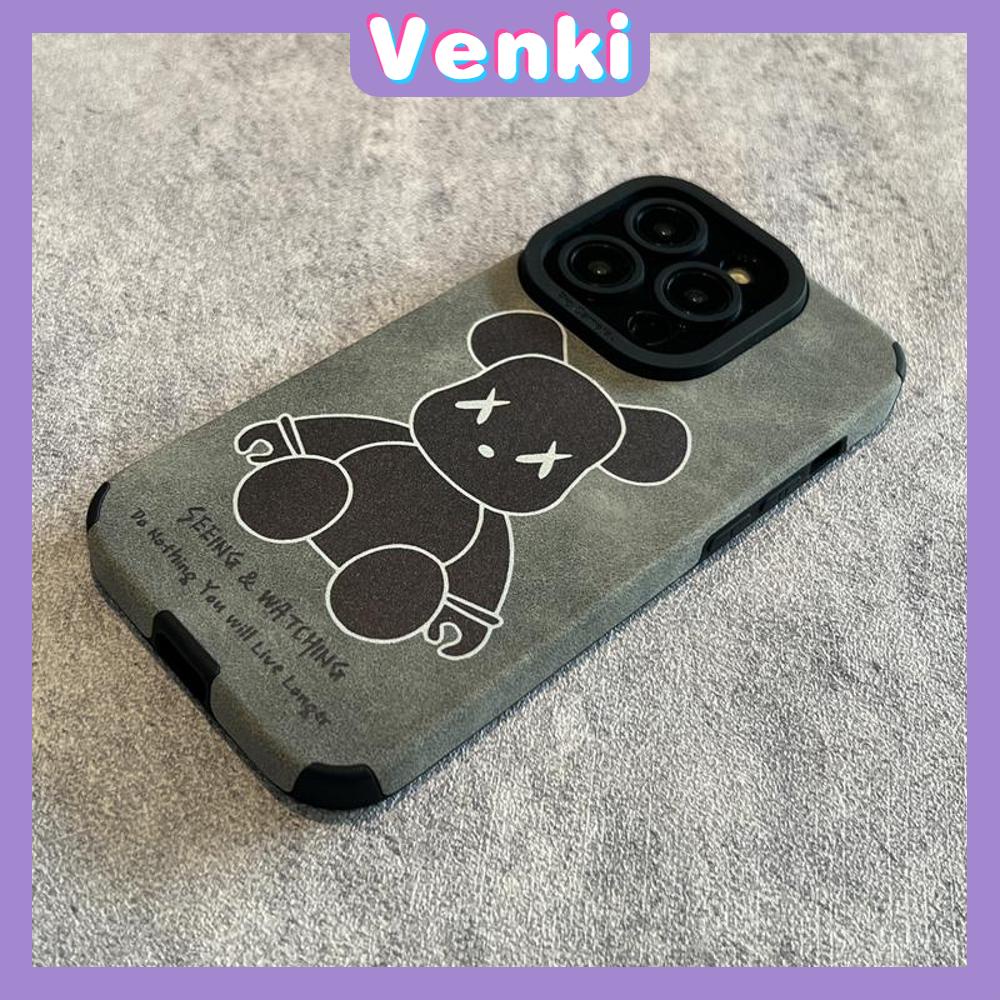 VENKI - Untuk iPhone 11 Case Kulit Kulit Murid Mata Suede Ponsel Case Lembut Tahan Guncangan Airbag Case Protection Camera Simple Bear Kompatibel iPhone 14 13 Pro max 12 xr xs 7 8Plus