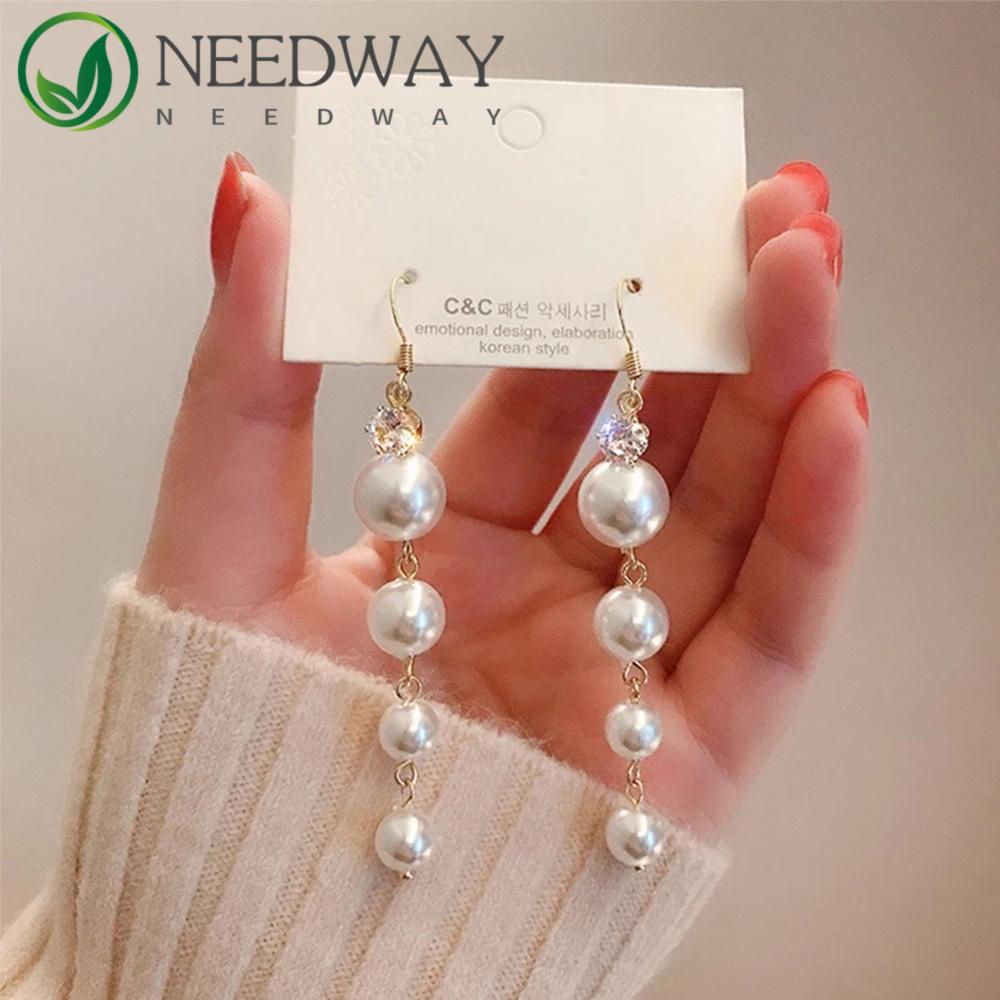 Needway   Anting Mutiara Hadiah Bulat Rumbai Panjang Perhiasan Tren Pernikahan Perhiasan Fashion