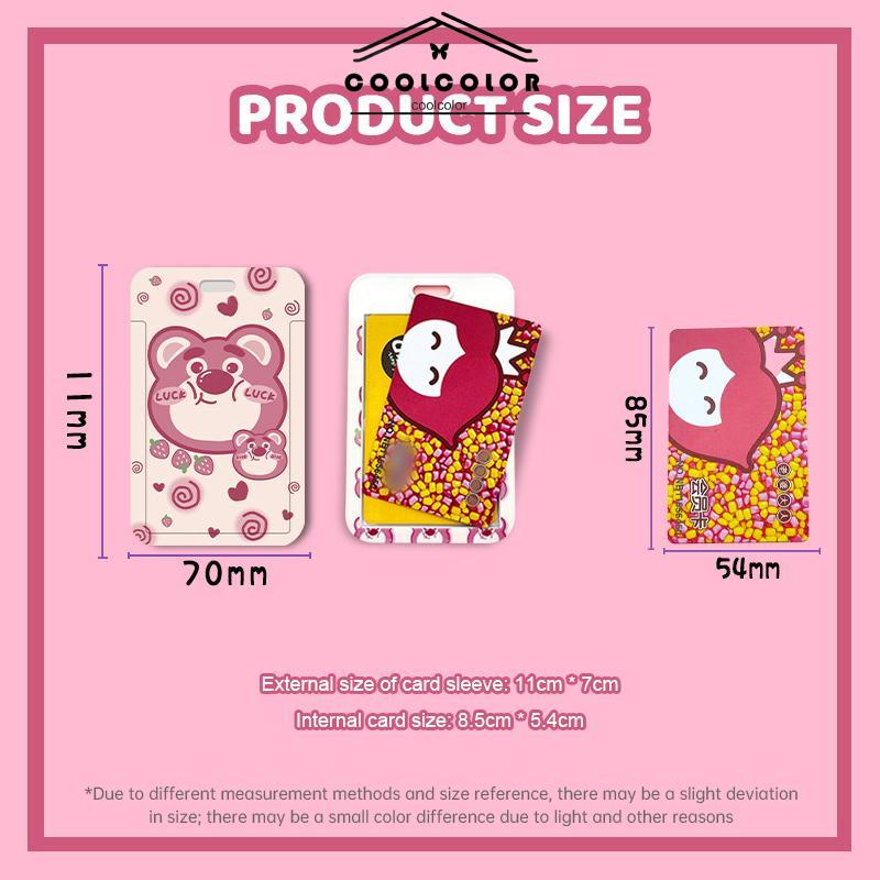 COD❤️Strawberry Bear Slid Cover Plastik Kartun Set Kartu Mahasiswa Kampus Kartu Tali Panjang Pelindung- cl