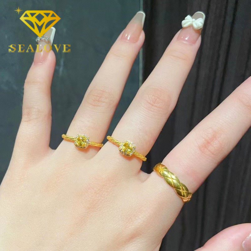 Cincin Titanium Wanita Anti Karat Asli Berlian Kristal Kuning Emas 18K Mewah Cantik Korea Aksesoris Perhiasan