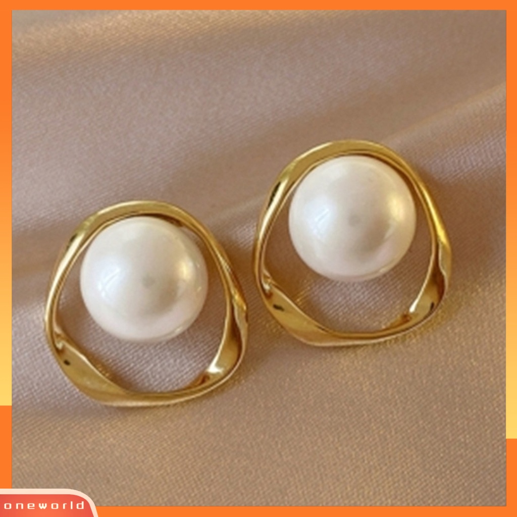 [WOD] 1pasang Ear Studs Elegant Shiny Hollow Geometris Elemen Mutiara Imitasi Wanita Anting Untuk Pakaian Sehari-Hari