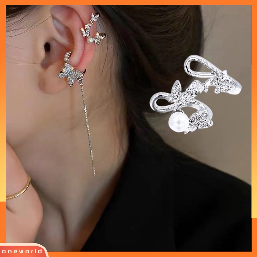 [WOD] 1pc Wanita Anting Kupu-Kupu Cubic Zirconia Bersinar Mutiara Imitasi Klip Earring Untuk Pakaian Sehari-Hari Pesta Pernikahan Perjamuan