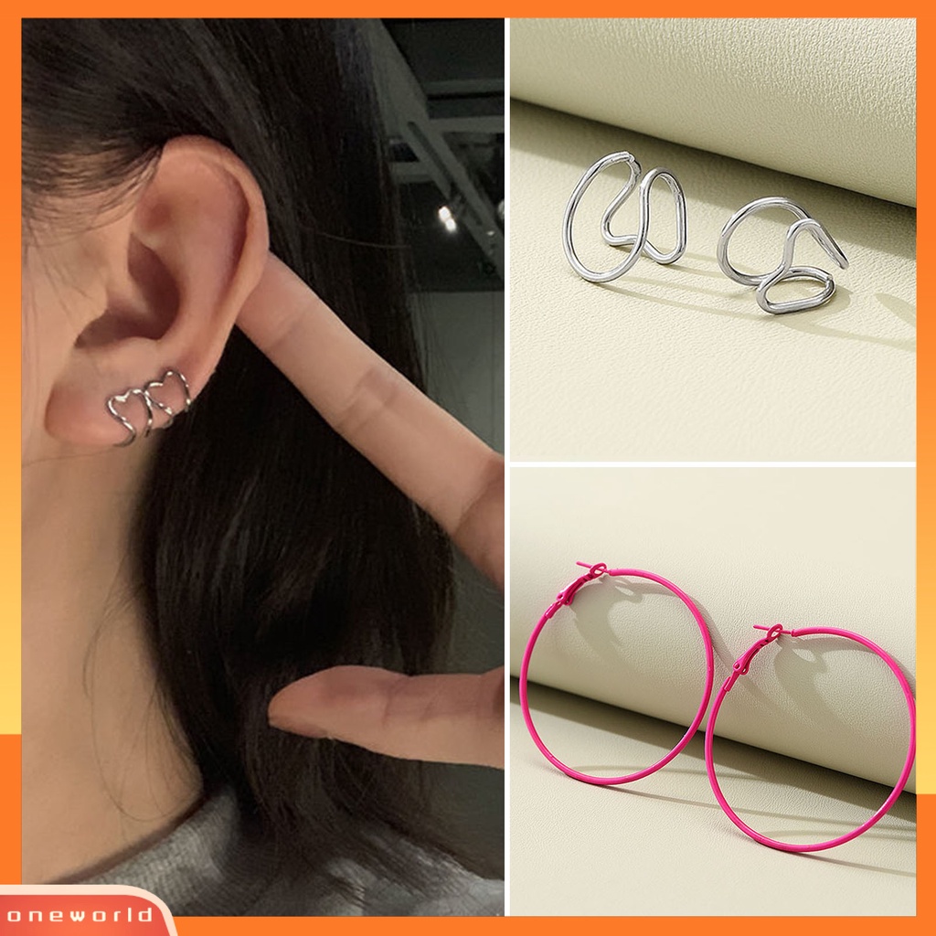 [WOD] 1pasang Anting Wanita Berlebihan Geometris Menarik All-match Anti Luntur Dekorasi Hadiah Wanita Anting Hoop Bulat Telinga Klip Perhiasan Untuk Pakaian Sehari-Hari