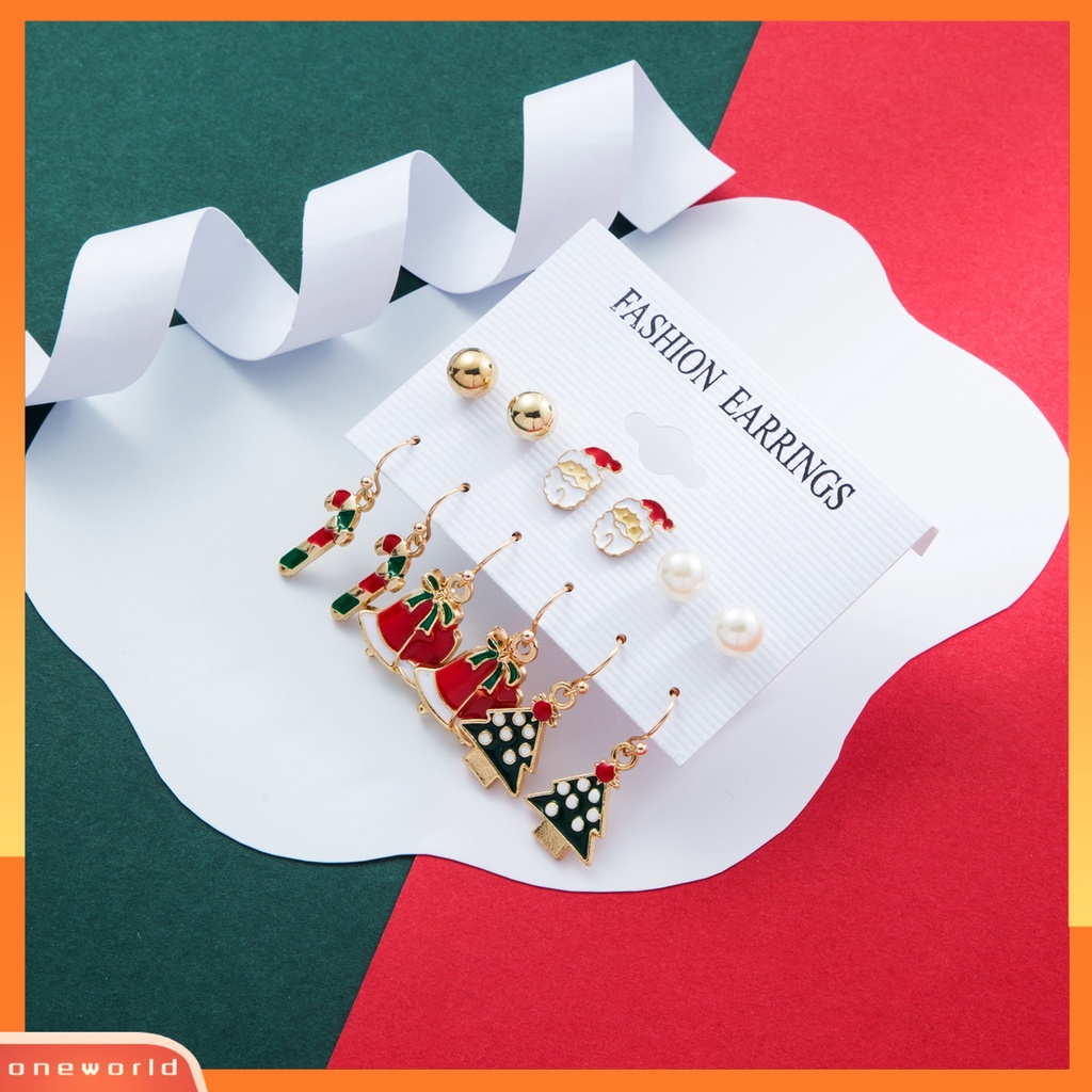 [WOD] 6pasang/set Anting Natal Meriah Enamel Geometris Mengkilap Electroplating Dekorasi Perhiasan Hadiah Pohon Xmas Elk Snowman Santa Claus Ear Studs Menjuntai Earrings