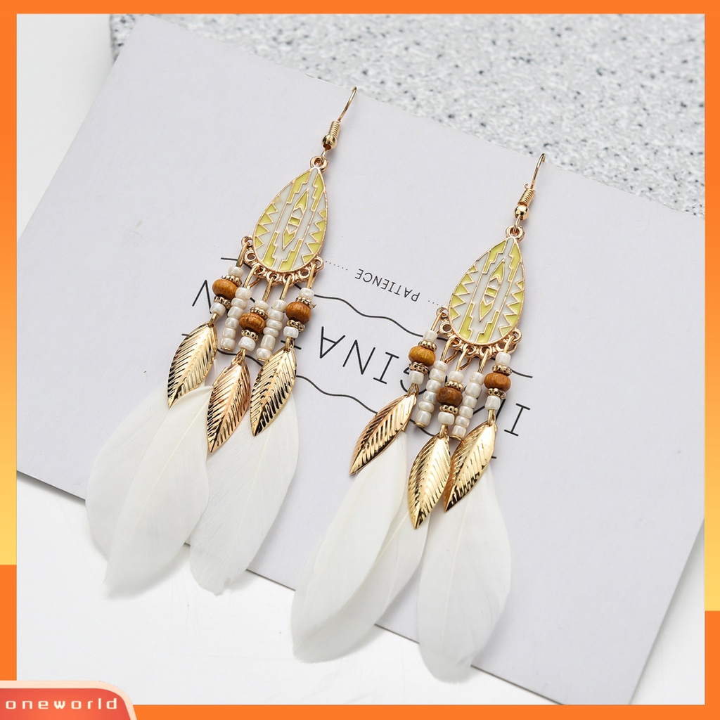 [WOD] 1pasang Manik-Manik Multicolor Retro Drop Earrings Bohemian Panjang Bulu Kait Anting Perhiasan Pesta