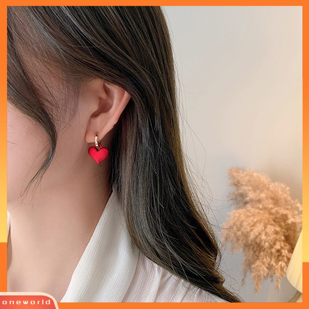 [WOD] 1pasang Anting Klip Romantis Mewah Paduan Frosted Merah Hati Drop Earrings Perhiasan Pesta