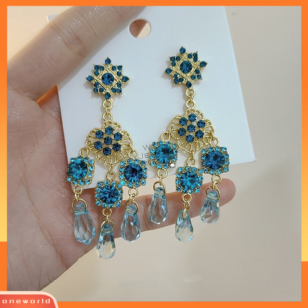 [WOD] 1pasang Anting Menjuntai Rumbai Kristal Imitasi Anting Drop Panjang Vintage Biru Untuk Pernikahan