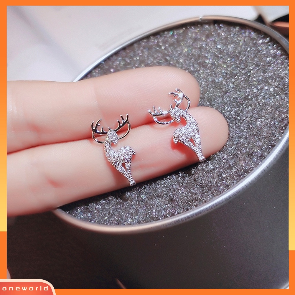 [WOD] Fashion Wanita Berlian Imitasi Elk Perak Disepuh Ear Stud Earrings Perhiasan Hadiah Xmas