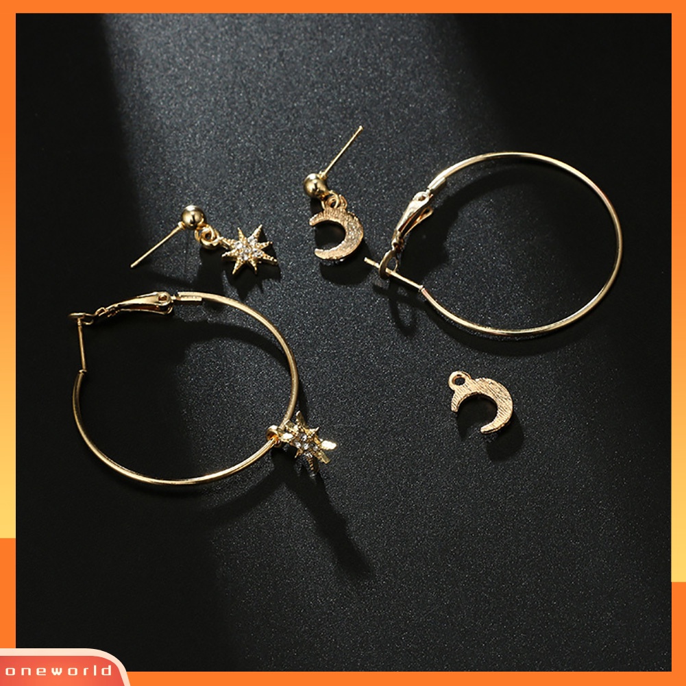 [WOD] 4pcs/set Chic Berlian Imitasi Bulan Bintang Telinga Hoop Drop Anting Wanita Perhiasan Pesta