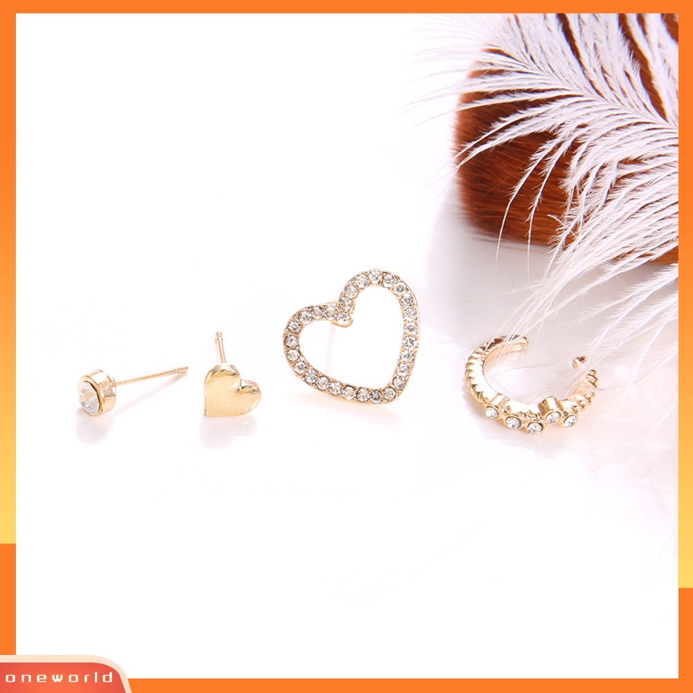 [WOD] 4pcs/set Fashion Sederhana Berongga Cinta Hati Berlian Imitasi Telinga Stud Earrings Jewelry