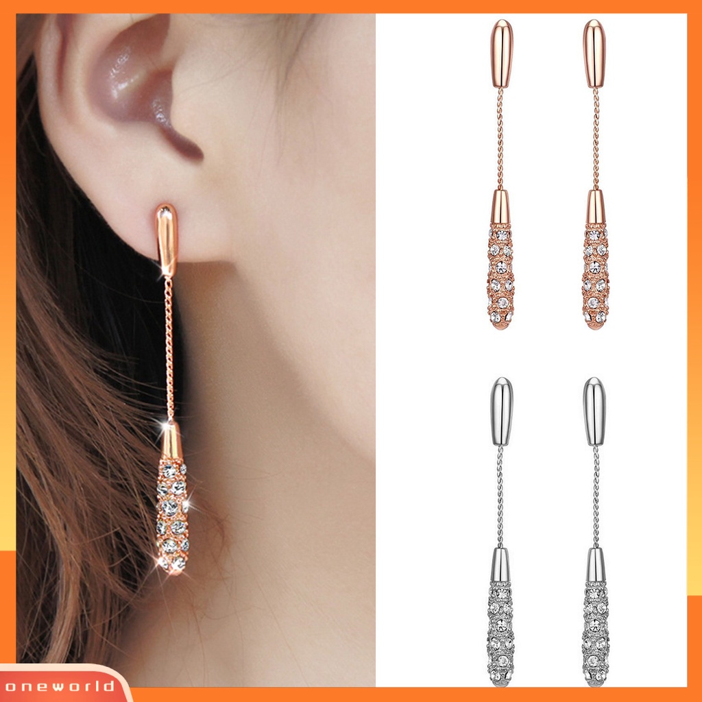 [WOD] 1pasang Anting Wanita Panjang Berlian Imitasi Mengkilap Hias Kolom Bentuk Rantai Drop Earrings Hadiah Ulang Tahun