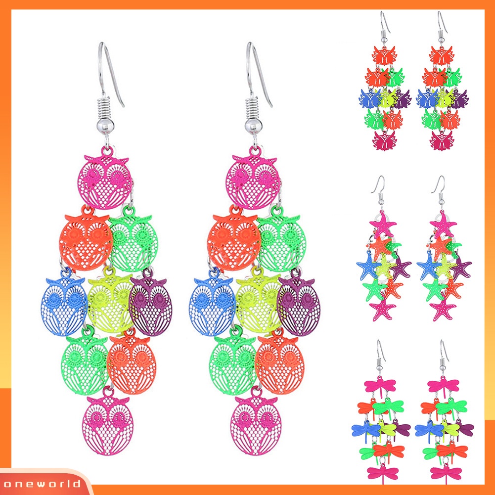 [WOD] Lady Colorful Berongga Burung Hantu Bintang Capung Kupu-Kupu Rumbai Drop Statement Earrings