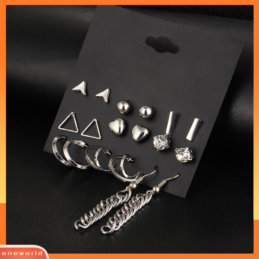 [WOD] 9pasang Fashion Wanita Berlian Imitasi Hati Bentuk Segitiga Ear Stud Hook Earrings