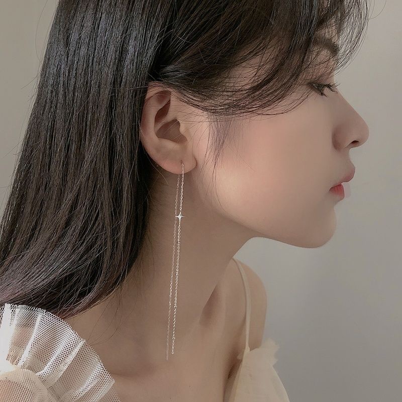 Anting Panjang Bintang Jepang Korea Berujung Empat Desain Unik Sederhana Niche Anting Temperamen