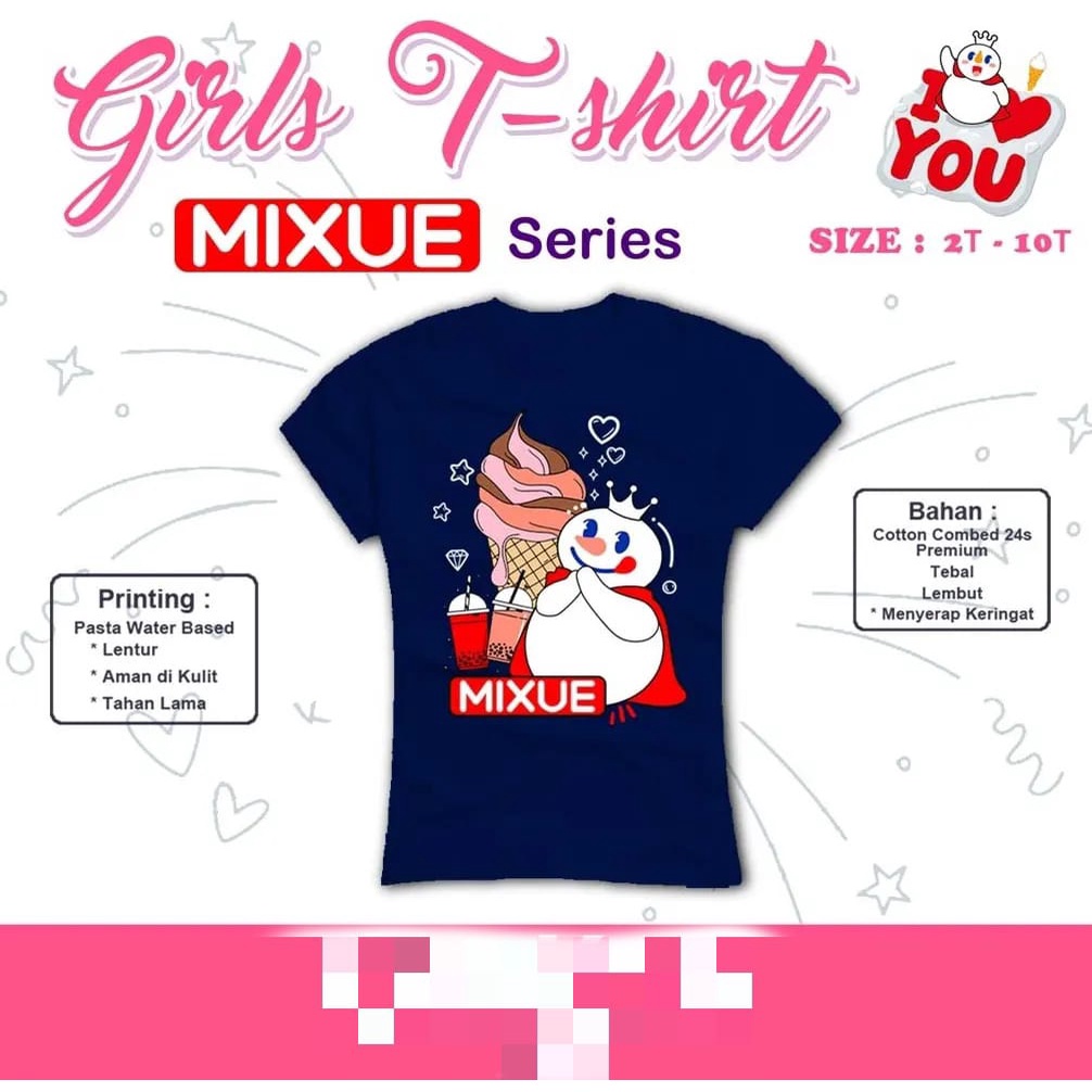 Kaos Lengan Pendek Anak Kaos Perempuan Motif Mixue Usia 2 - 8 Tahun