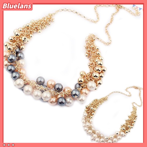 [BLS] Wanita Fashion Multilayer Mutiara Imitasi Choker Kerah Bib Statement Chain Necklace