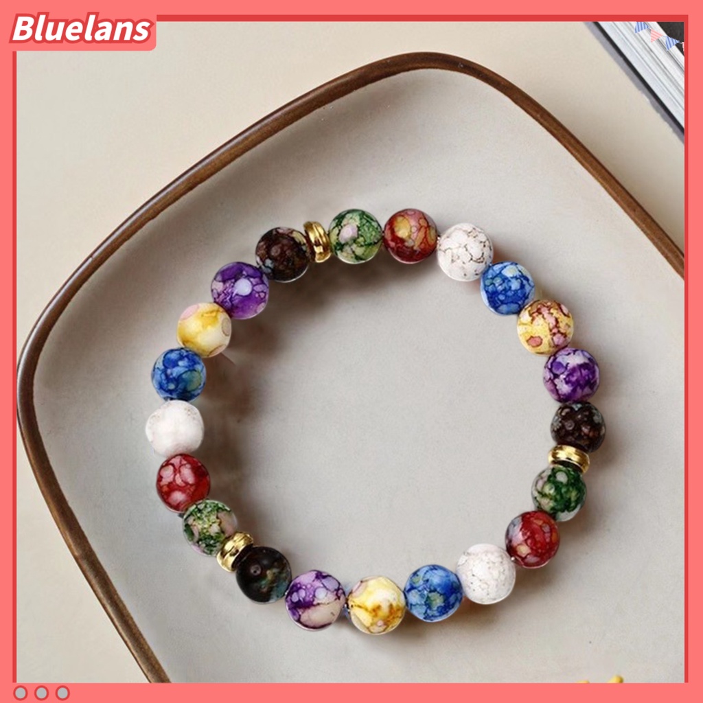 [BLS] Gelang Manik-Manik Warna-Warni Tali Elastis Adjustable All-match Hadiah Hias Faux Volcanic Agate Stone Energy Bangle Fashion Charm Untuk Pacaran