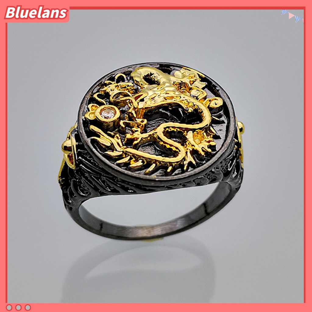 [BLS] Pria Cincin Berlapis Emas Two-tone Vintage Geometris Electroplating Dekorasi Hadiah Naga Cina Laki-Laki Jari Cincin Aksesoris Perhiasan Untuk Hadiah