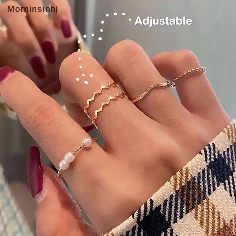 Mornin 5PCS Set Cincin Jari Kombinasi Bentuk Bergelombang Mutiara Sederhana Gaya Korea Pembukaan Adjustable Rings Untuk Wanita Punk Fashion Jewelry id