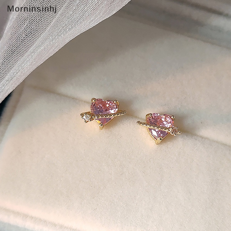 Mornin 1pasang Anting Tusuk Simple Pink Zircon Ins Style Perhiasan Perak Fashion Kreatif Untuk Wanita Shinny Heart Ear Stud id