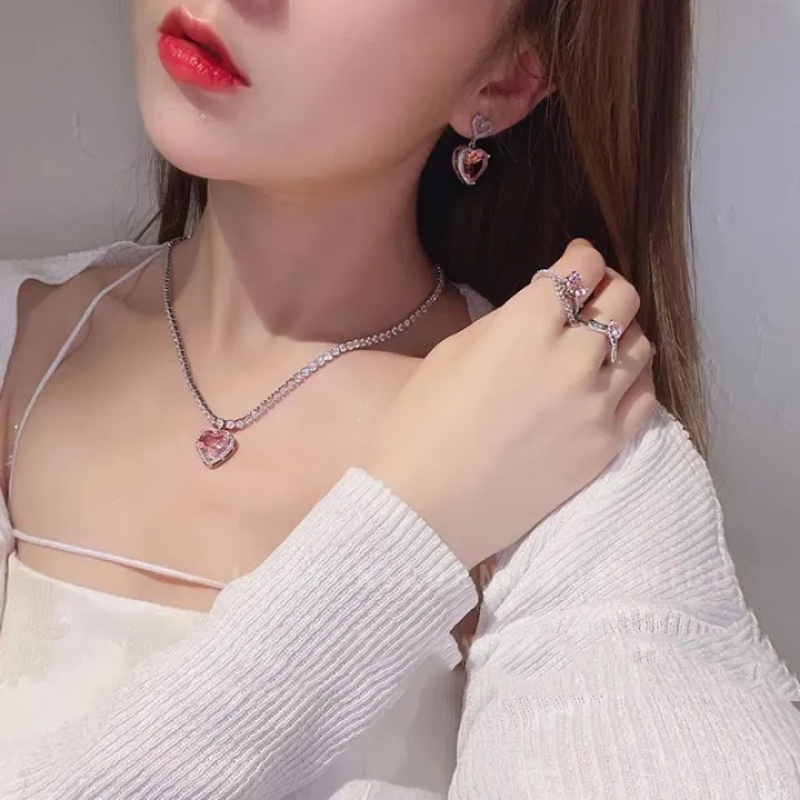 Baru Manis Keren Merah Muda Zirkon Cinta Hati Liontin Kalung Wanita Gadis Sederhana Indah Estetik Berlian Imitasi Klavikula Rantai Kalung Perhiasan