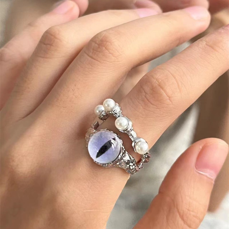 [Fitur] 1pc Pria Tidak Teratur Moonstone Cincin Mata Kucing Mutiara Angin Dingin Cincin Niche Gelap Cincin Ganda Adjustable Pasangan Cincin Perempuan Jari Dekorasi Perhiasan Aksesoris Hadiah Ulang Tahun
