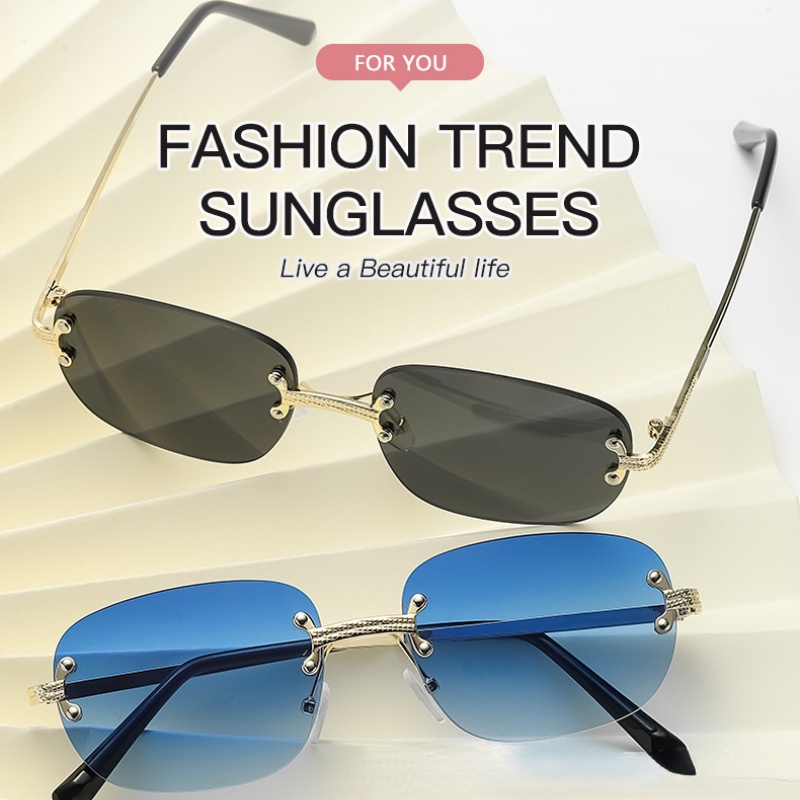 (YUZHU) Logam Tanpa Bingkai Kacamata Persegi Perempuan Punk Fashion Bingkai Kecil Kacamata Hitam Pria