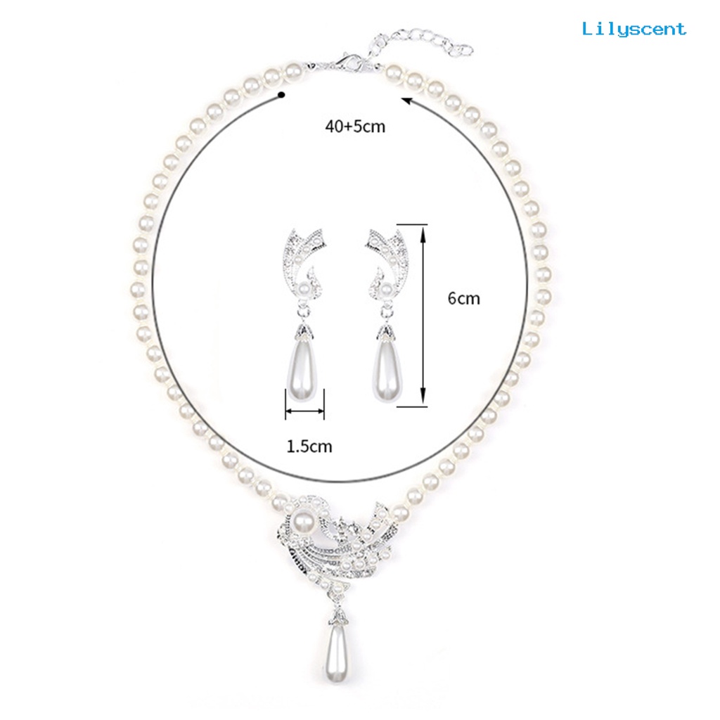 [LS]1 Set Wanita Anting High Gloss Electroplating Shiny Extension Rantai Eye-catching Dekorasi Cantik Berlian Imitasi Mutiara Imitasi Kalung Perhiasan Aksesori