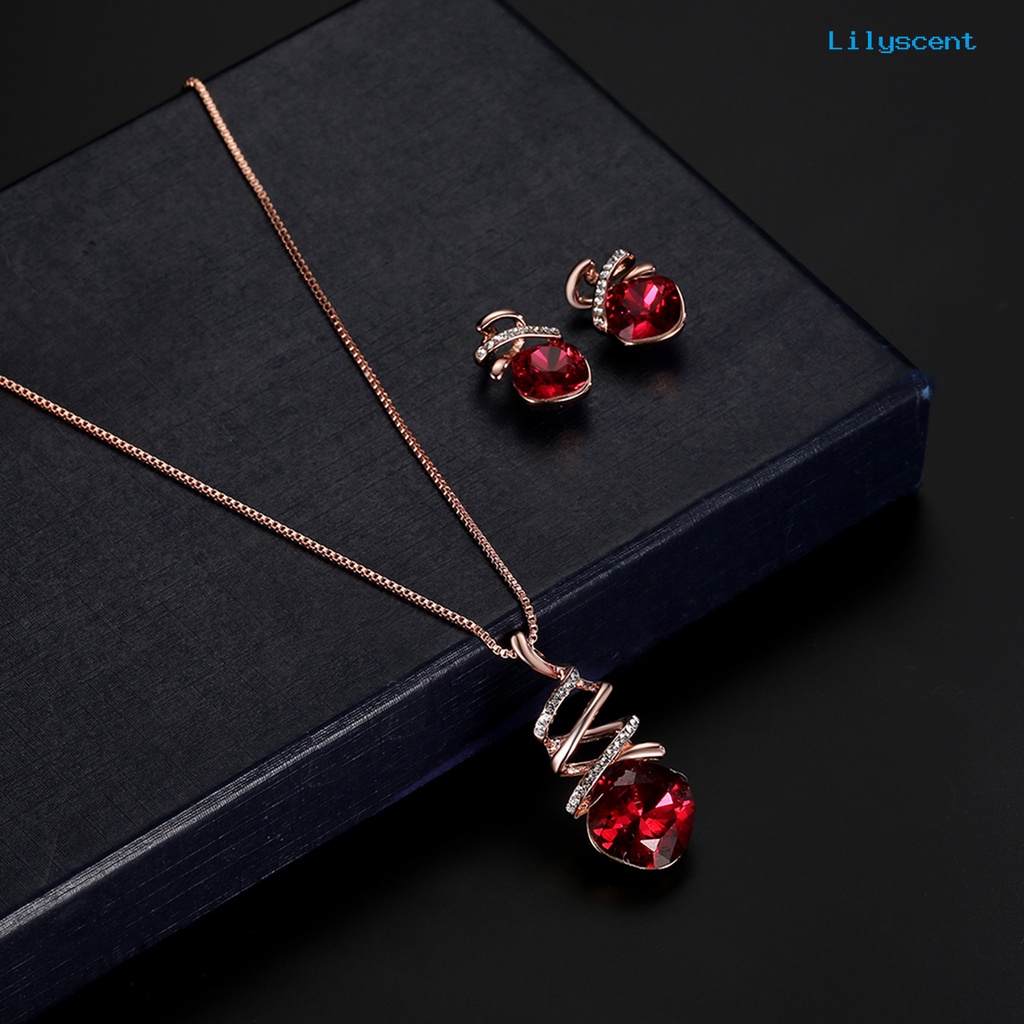 [LS]1 Set Wanita Kalung Geometris Cubic Zirconia Memutar Elegan Merah Persegi Berlian Imitasi Bertatahkan Stud Anting Kit Fashion Perhiasan