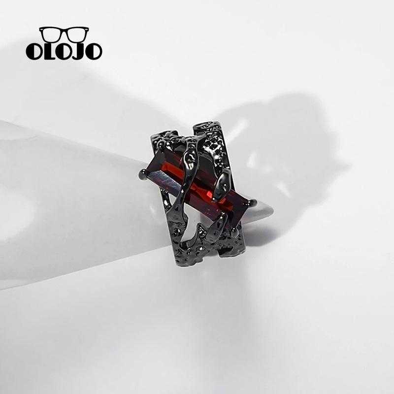 [Olojogrosiroriginal Desain Retro Merah Geometris Cincin Kepribadian Perempuan Punk Tekstur Berongga Cincin Logam
