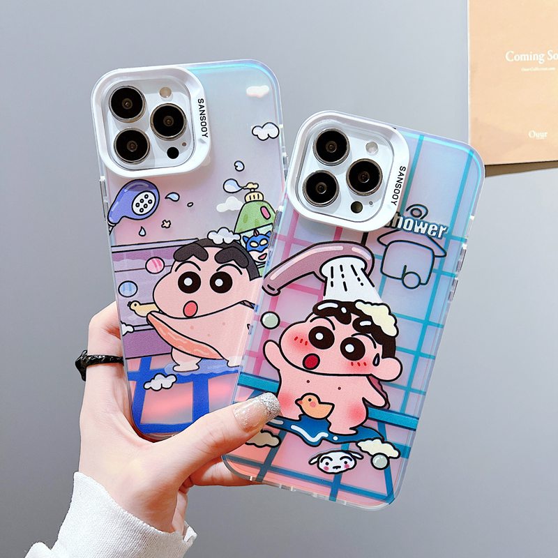 【Laser colorful】So Cute IMD high quality bathe Shin-chan Hard Case for IPhone 11 12 13 14 Pro Max Women Girl Lovely Cartoon