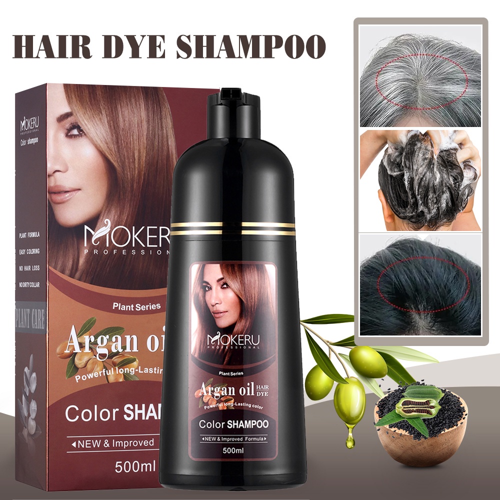 Original Mokeru Shampoo Argan Oil Dye Hair / Sampo Semir Herbal Alami Pewarna Rambut Herbal  Hair Color Shampoo 500ml