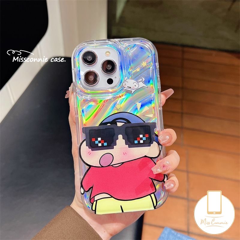 IPHONE Keren Memakai Sunglasse Crayon Shin-chan Kartu Laser Casing Bening Kompatibel Untuk Iphone11Xr12 13 14 Pro Max7 8 Plus 6 6S 7 8 Plus X XS MAX SE 2020lembut 3D Bergelombang Melengkung Sarung Mewah