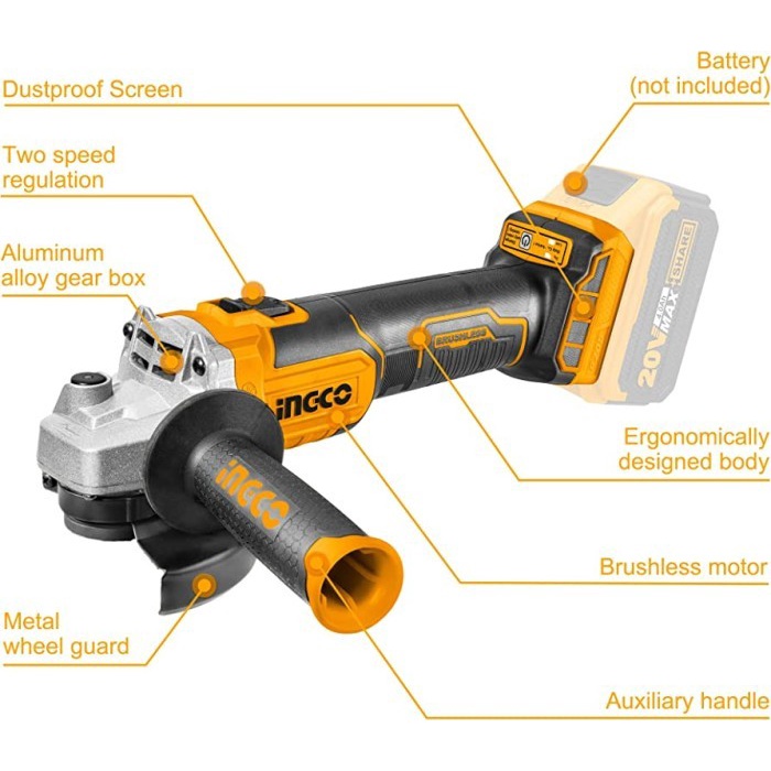 Gerinda Cordless 20V (4&quot;) Pack 2.0 Grinder Brushless INGCO CAGLI201008