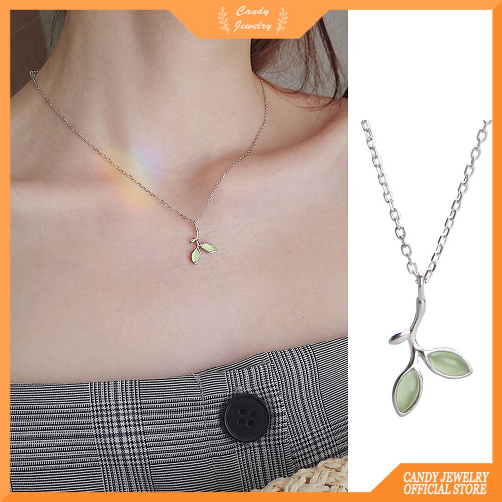 Sangat indah Kalung&lt;Unk&gt; Necklace Green Crystal Silver Leaves Choker Kalung Wanita Cewek Perhiasan Hadiah CANDY JEWELRY