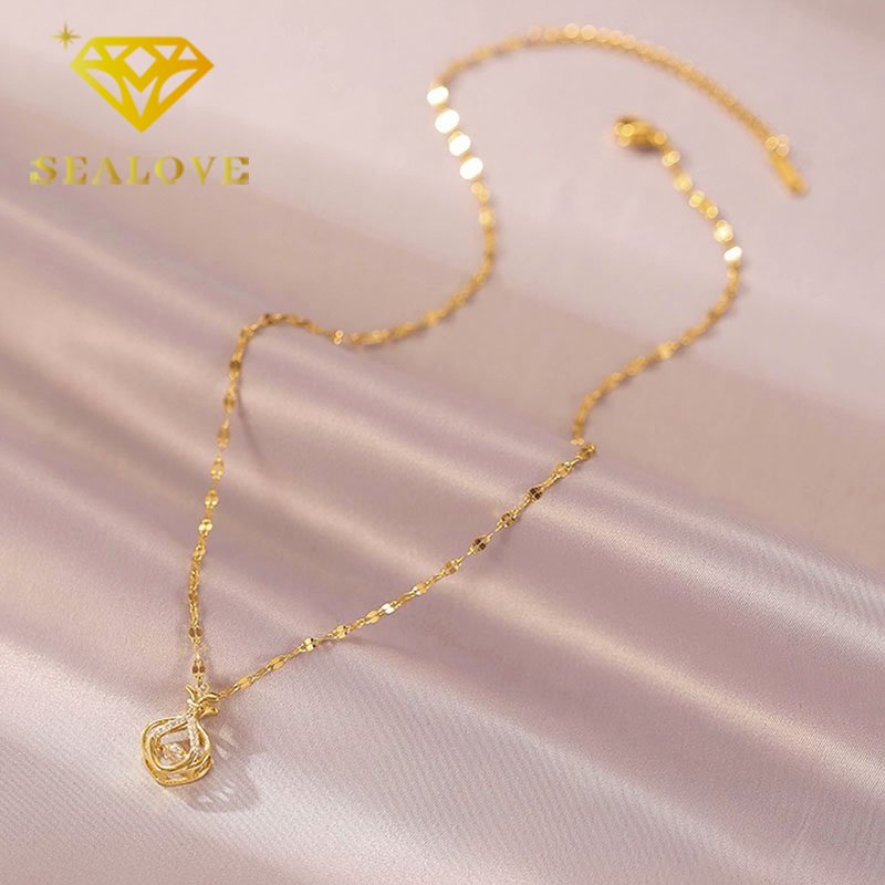 Kalung Titanium Wanita Anti Karat Berlian Keberuntungan Emas 18K Aesthetic Cantik Korea Aksesoris Perhiasan