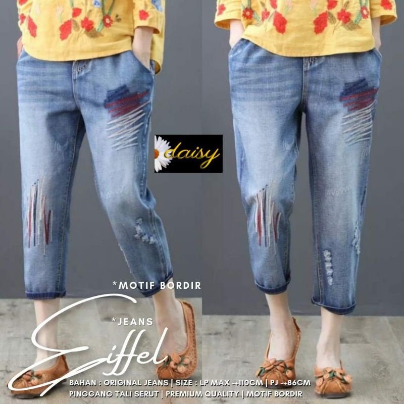 JEANS BORDIR MOTIF EIFFEL BAGGY CELANA WANITA KOREAN STYLE KARET MUTER ALL MODEL BOYFRIEND TERBARU KEKINIAN REMAJA HITS OOTD