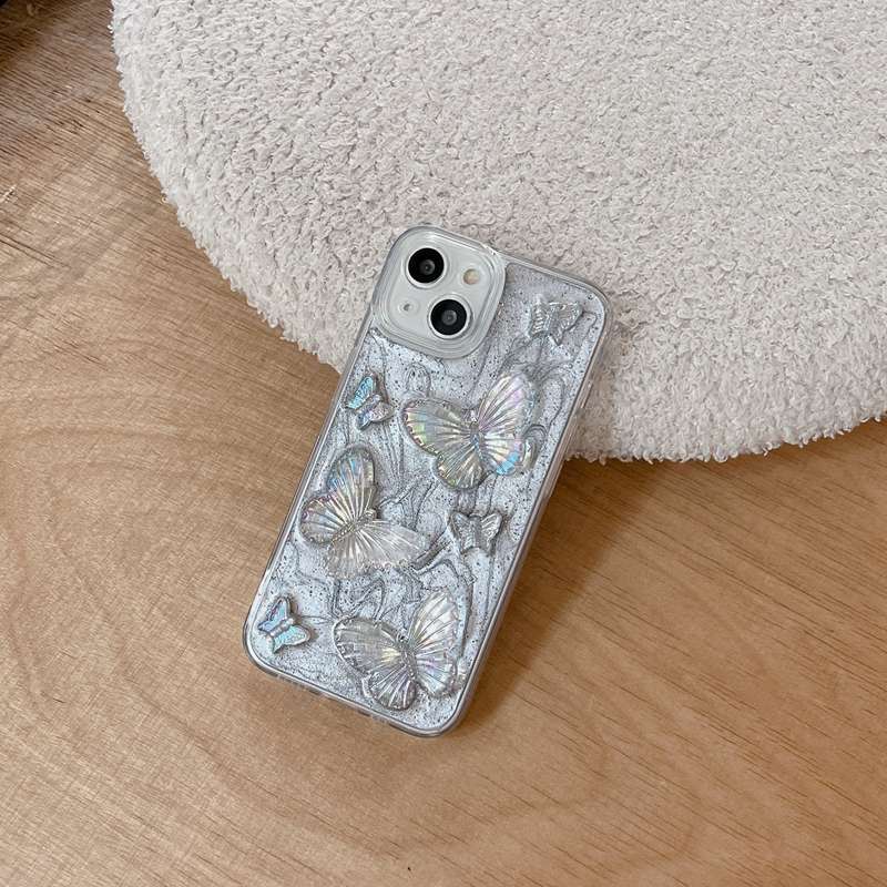 Silver Grey Pigment Butterfly Soft TPU Case HP iP iPhone 14 13 12 11 Pro X XS XR Max 7 8 + Plus SE 2020 2022 Drop Glue FTD Casing Apple