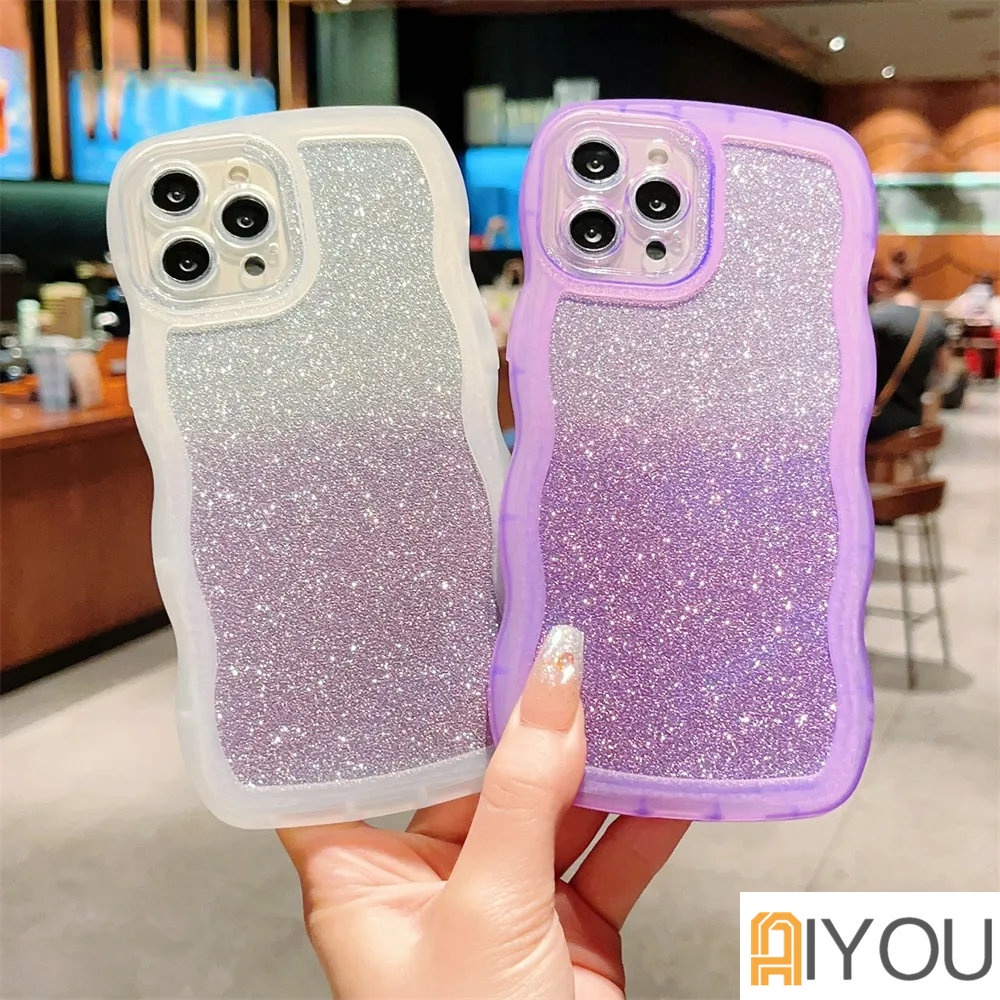 IPHONE Casing Ponsel Bening Glitter Gradasi Untuk Iphone14 13 12 11 Pro Max X XR Xs7 8 6 Plus S2022 Bingkai Bergelombang Keriting Bumper Tahan Guncangan