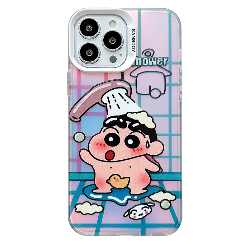 【Laser colorful】So Cute IMD high quality bathe Shin-chan Hard Case for IPhone 11 12 13 14 Pro Max Women Girl Lovely Cartoon